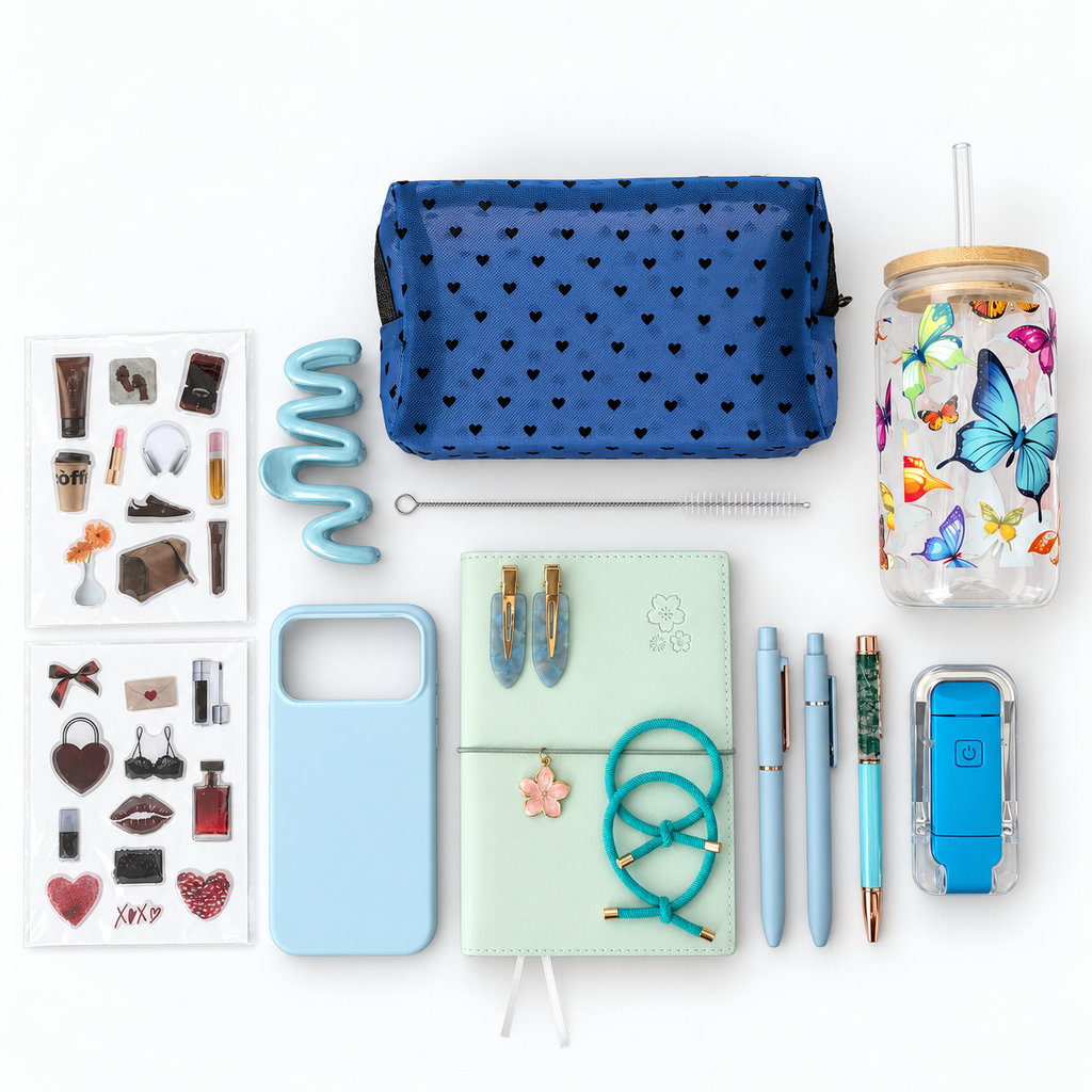 Blue Butterfly Tumbler Gift Set flat lay with butterfly glass cup, blue phone case and stationery
