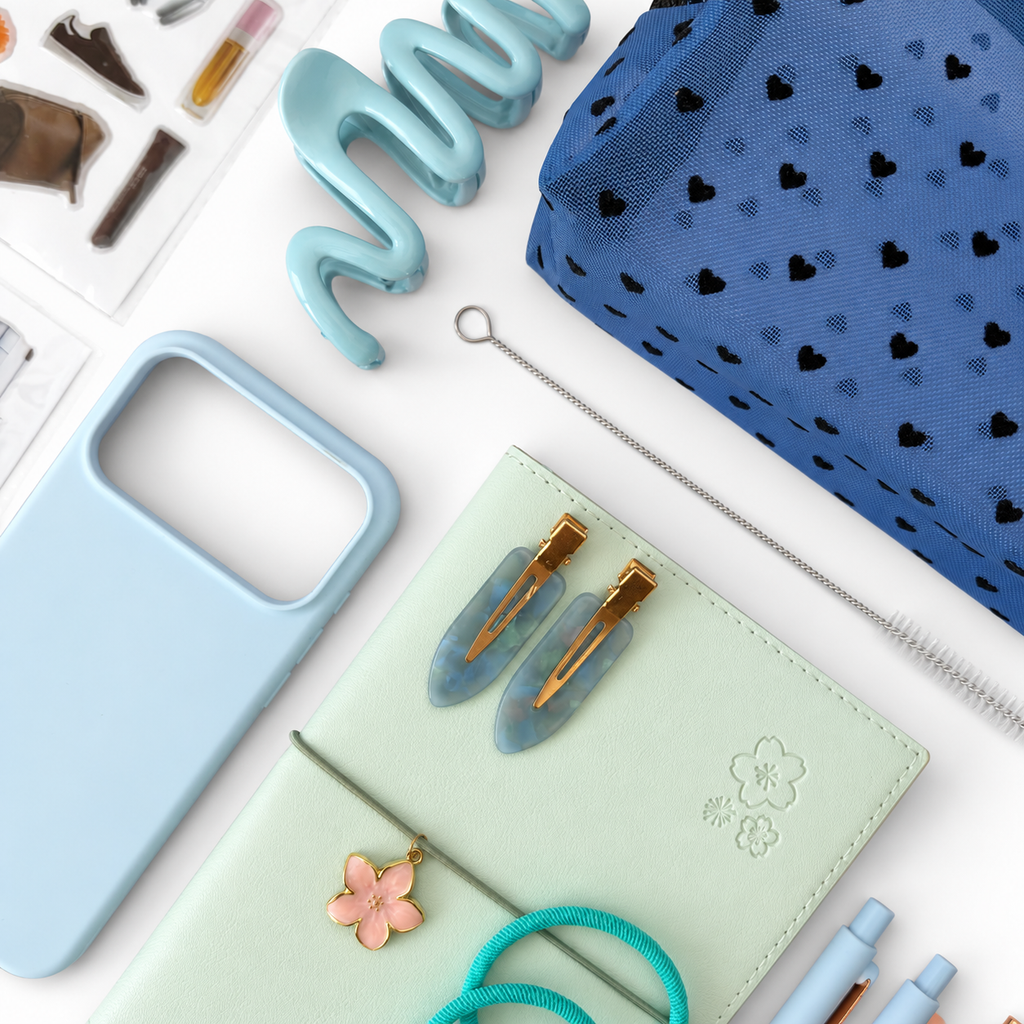 Blue Butterfly Tumbler Gift Set with light blue iPhone case and hair accessories