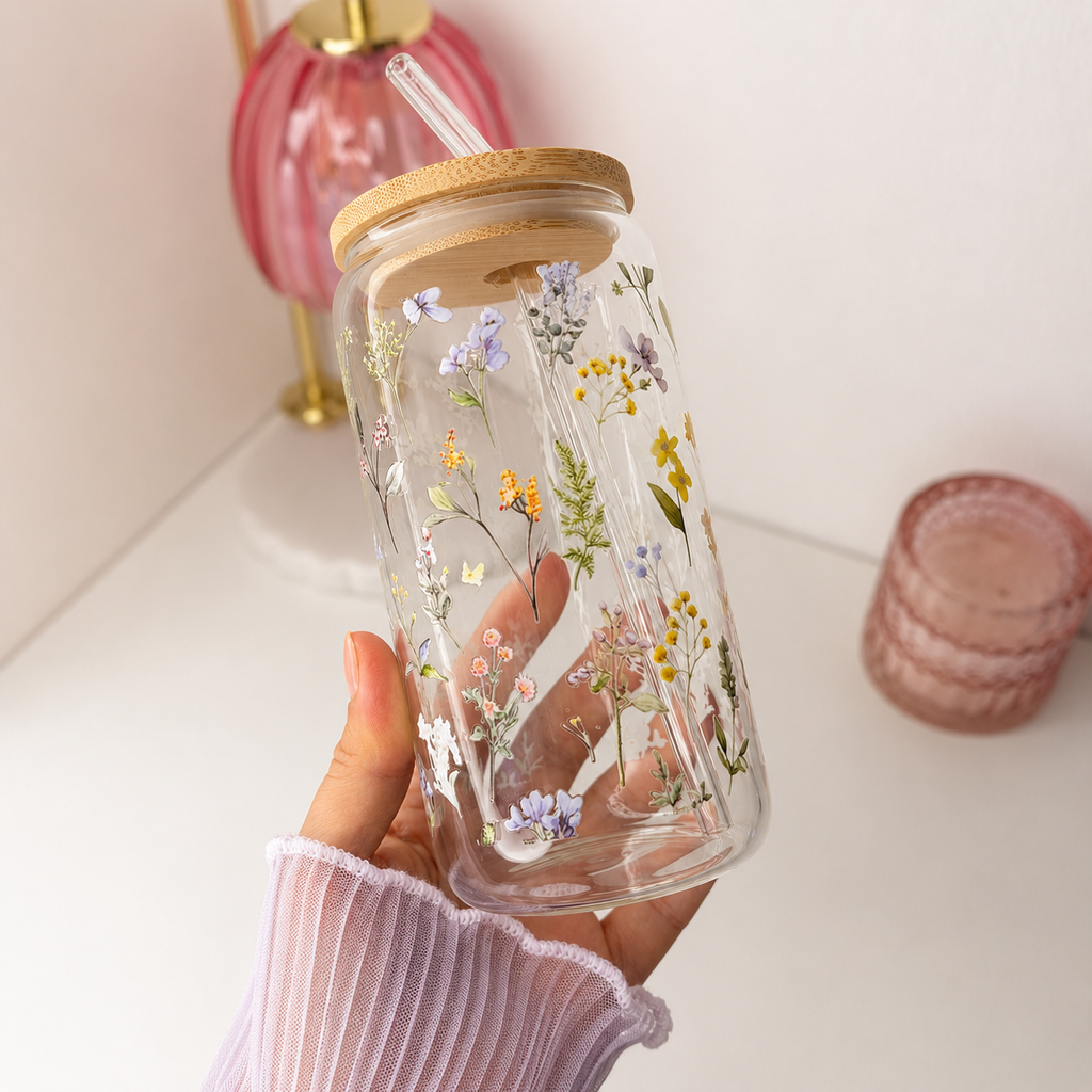 Pressed Flower Glass Cup shown from another angle