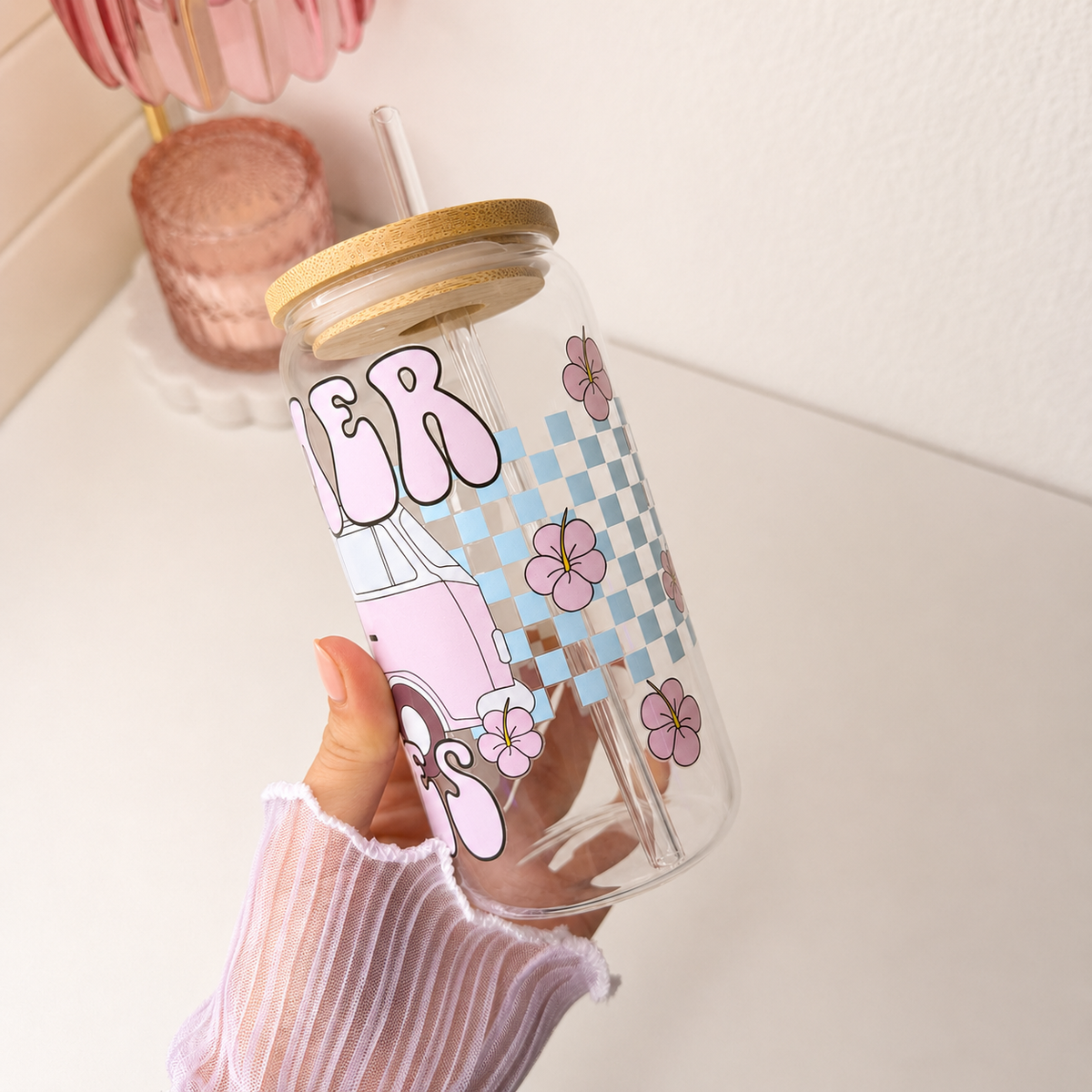 Summer Vibes Glass Cup shown from another angle
