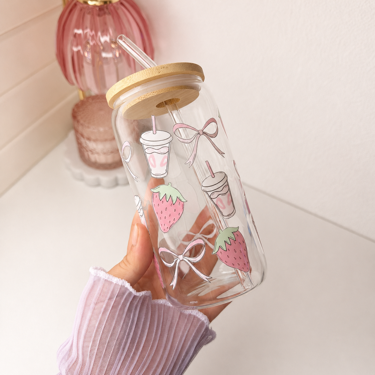 Strawberry Bow Glass Cup shown from another angle