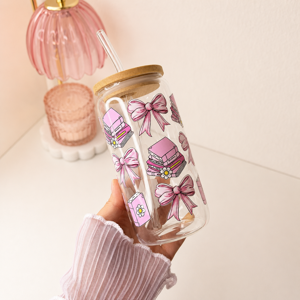 Pink Bow Bookish Glass Cup shown from another angle