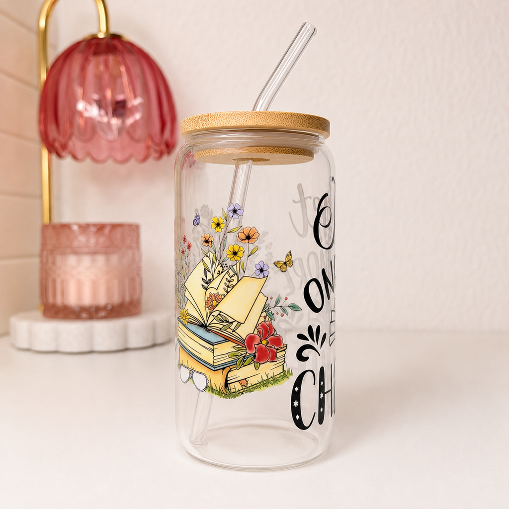 One More Chapter Glass Cup shown from another angle