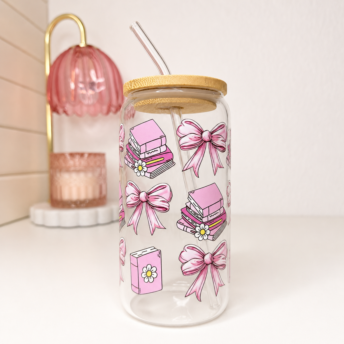 Pink Bow Bookish Glass Cup by KISS KISS MEOW
