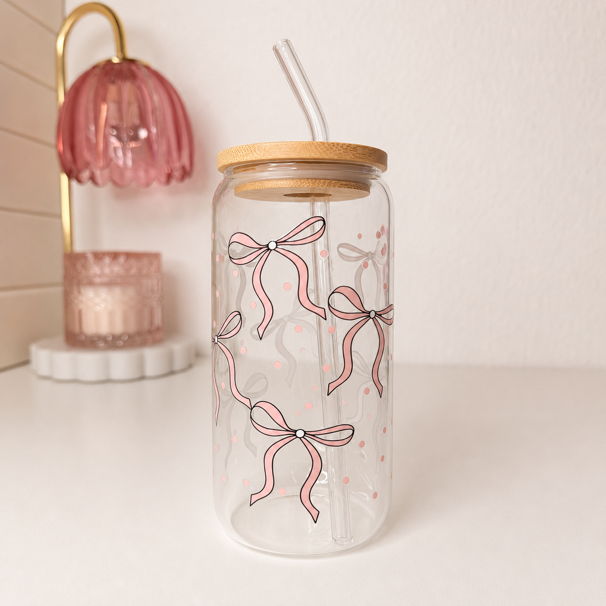 Pink Bow Glass Cup