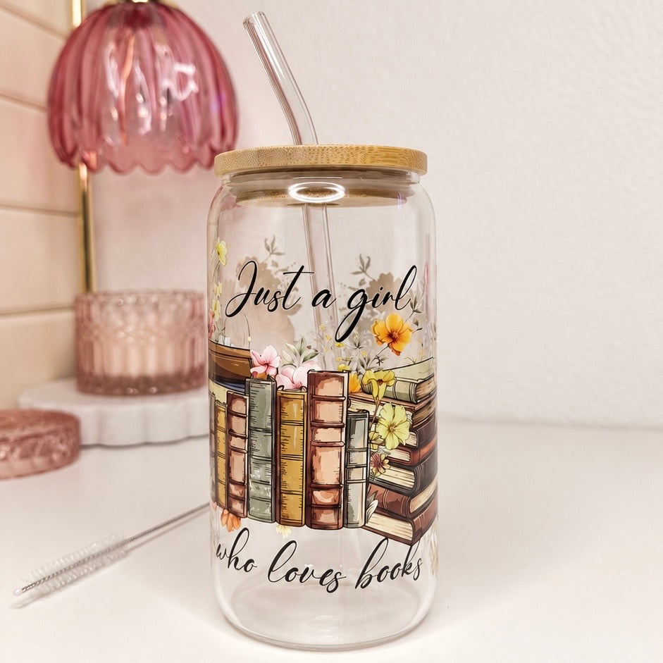 Girl Loves Books glass tumbler with bamboo lid and glass straw
