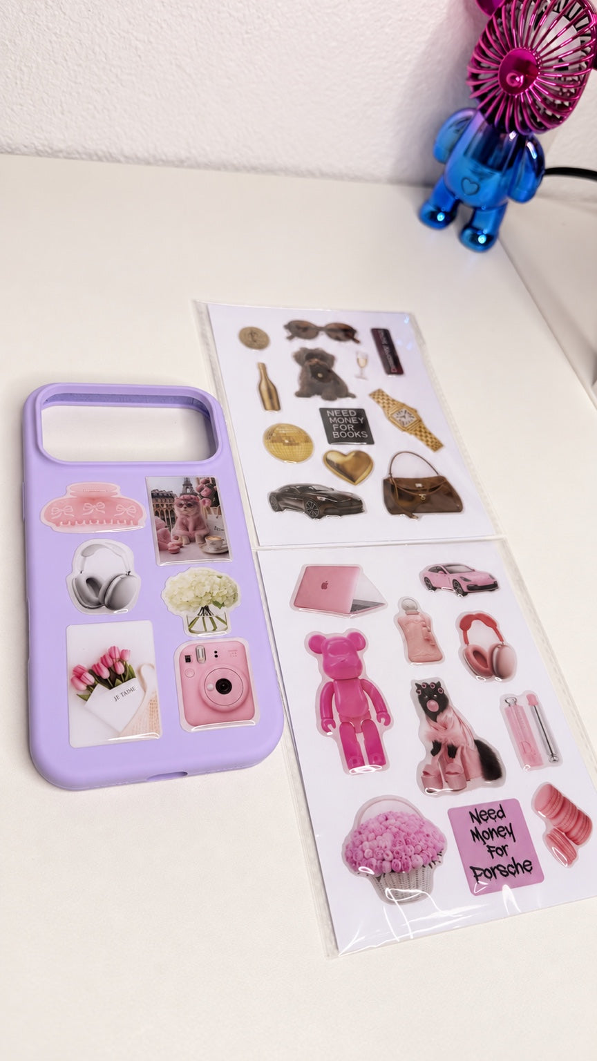 Purple iPhone 17 Pro Max case displayed beside pink and neutral sticker options