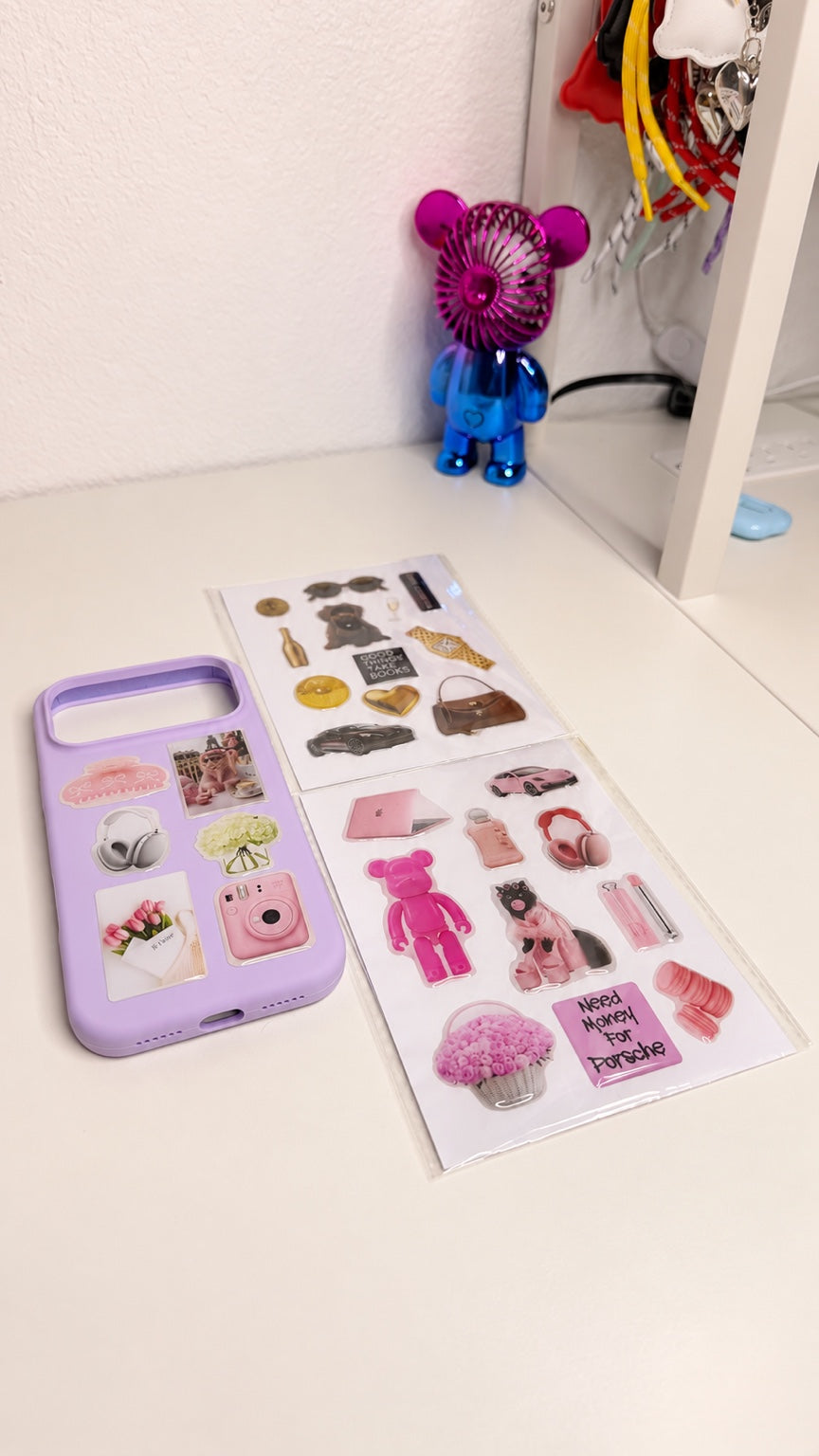 Purple iPhone 17 Pro Max case with two customizable sticker sheets
