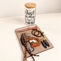 Just One More Chapter tumbler gift set with notebook, pens, keychains and hair accessories