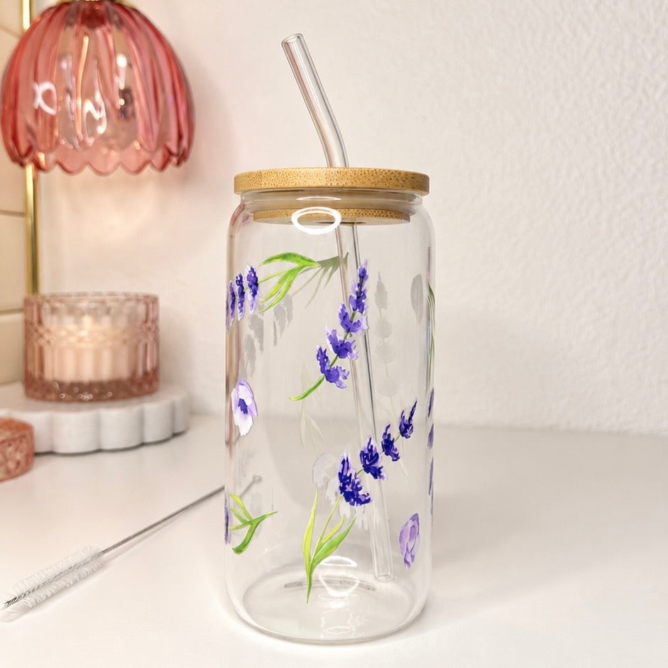 Lavender floral glass tumbler with bamboo lid and straw