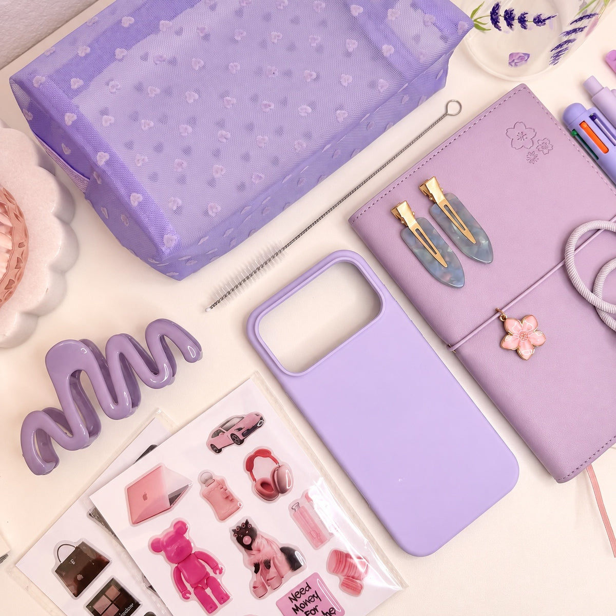 Lavender gift set flat lay with stationery accessories