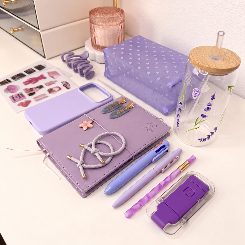 Lavender Tumbler Gift Set with floral glass cup and stationery