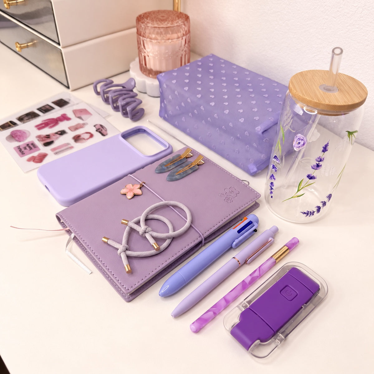 Lavender Tumbler Gift Set with floral glass cup and stationery