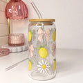 Lemon and bow glass tumbler with bamboo lid and straw