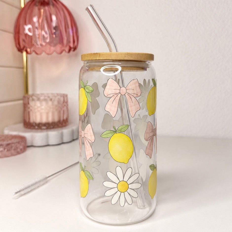 Lemon and bow glass tumbler with bamboo lid and straw