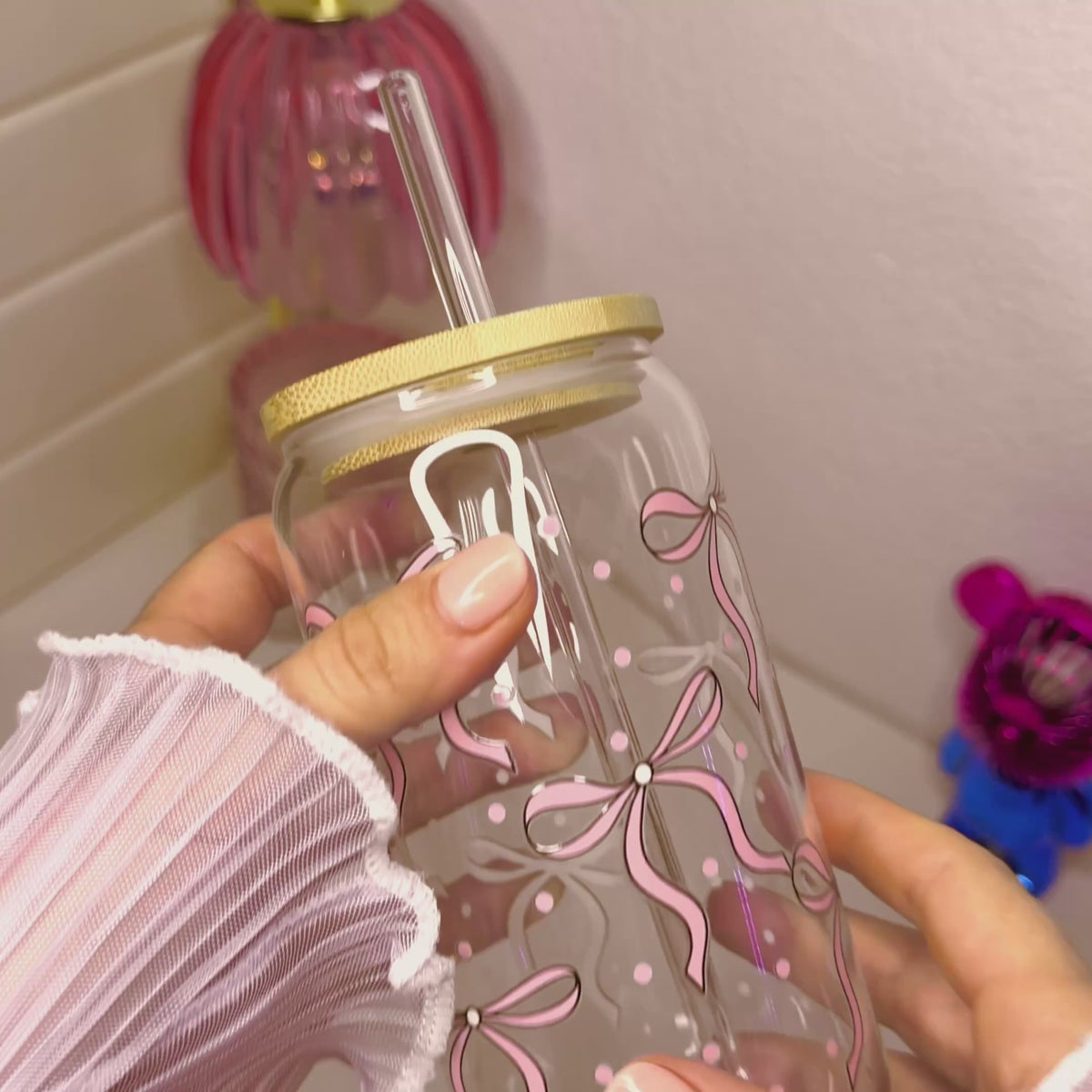 Pink Bow Glass Cup