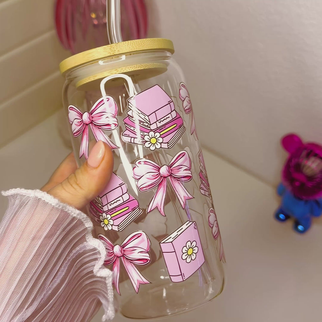 Pink Bow Bookish Glass Cup