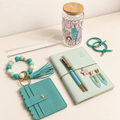 Summer Vibes tumbler gift set with soft leather notebook, pens, blue Monochrome Beaded Charm and hair accessories