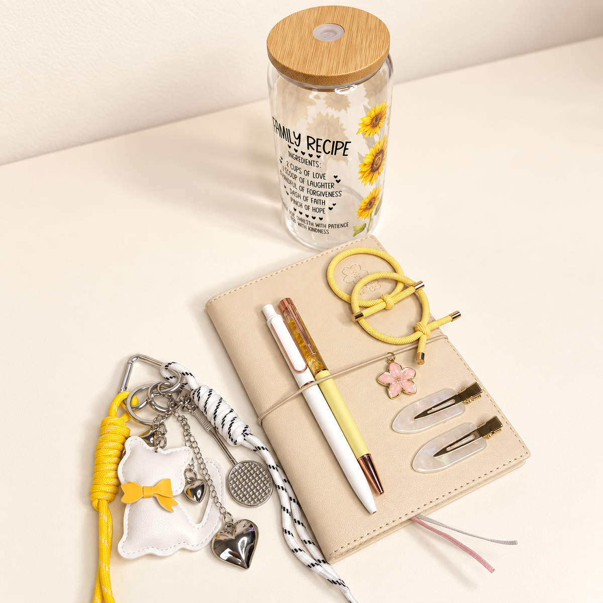 Sunflower My Recipe tumbler gift set with notebook, pens, Kitty Charm and hair accessories